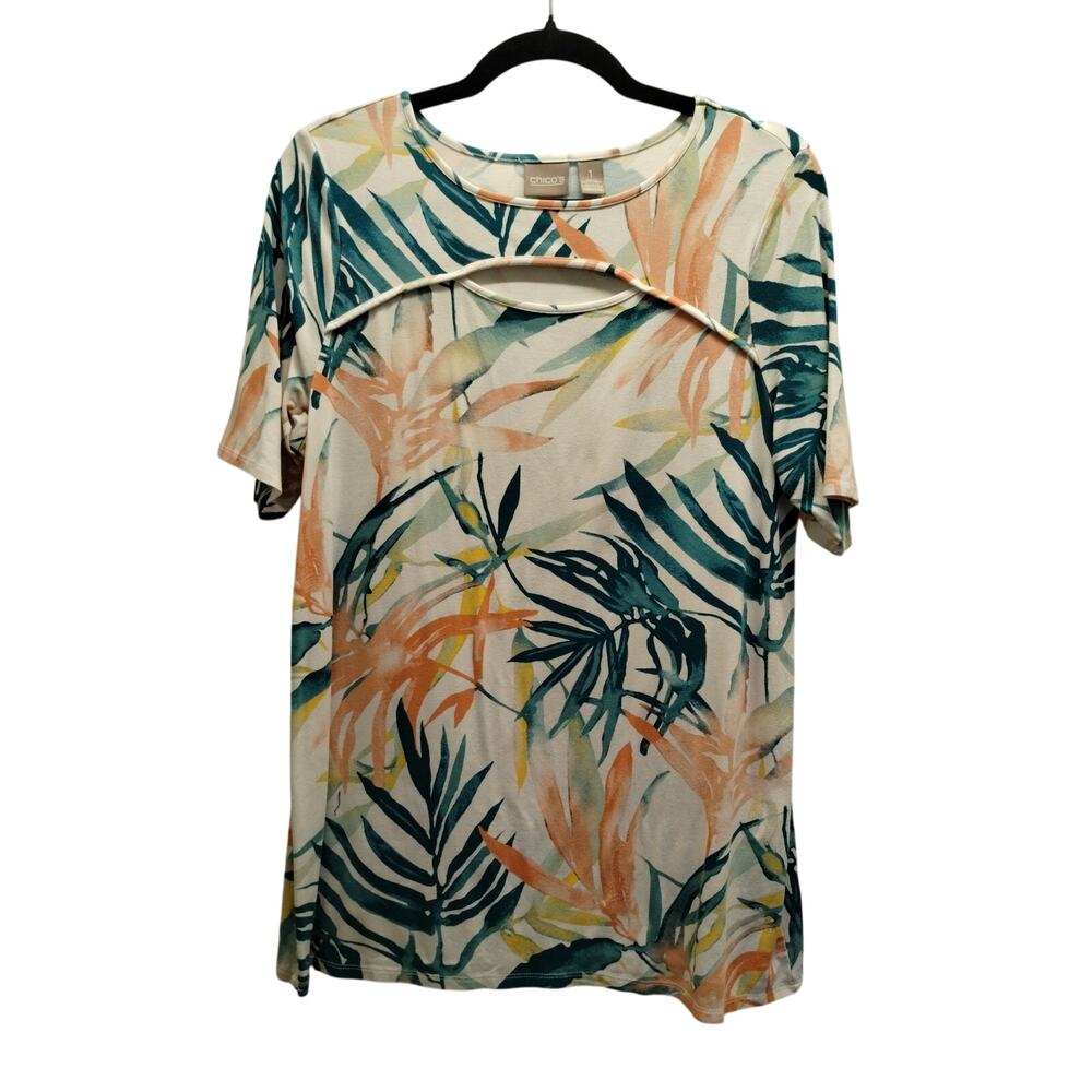 Chico's Size Medium (1) Peach Green Leaf Keyhole Bust Short Sleeve Tropical Tee